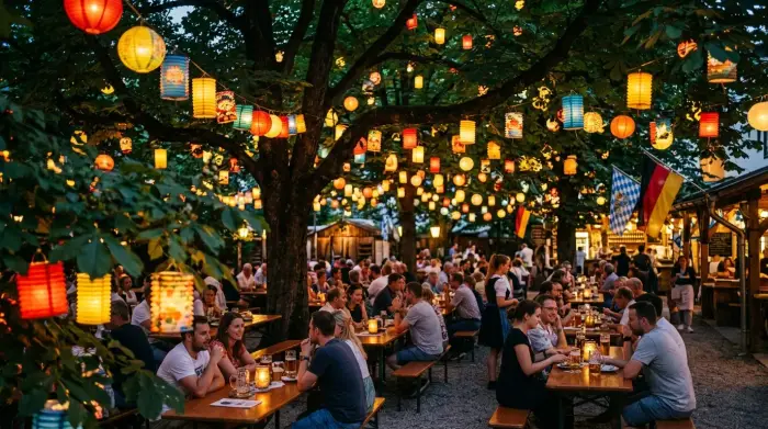 Bunte Lampions im Biergarten Schlossallee bei Abenddämmerung